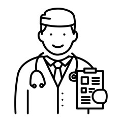 Professional Doctor Illustration  A Friendly Physician Holding Medical Chart, Perfect for Healthcare Websites, Blogs, and Presentations.  High-Quality Line Art Graphic for Medical Professionals