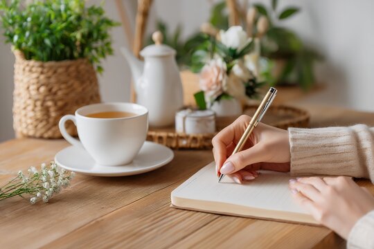 Female hand writing in notebook with tea and flowers on wooden table - Powered by Adobe