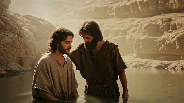 Man in water with another man, depicting the baptism of Jesus Christ by John the Baptist in a desert river. Footage.