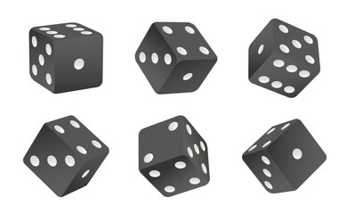 Rolling dice. Black cubes with white dots for gamble game, top view dice sides and 3D angles. Realistic vector craps. Dice cube play illustration