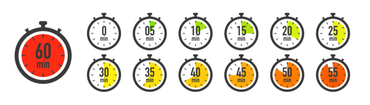 Timer, clock stopwatch icon set with 5 minutes gap. 5, 10, 15, 20, 25, 30, 35, 40, 45, 50, 55, and 60 minutes. Countdown timer vector illustration