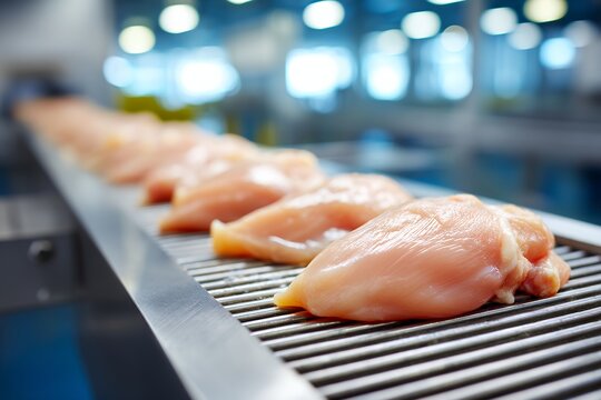 Raw chicken breasts on factory conveyor belt in food processing plant
