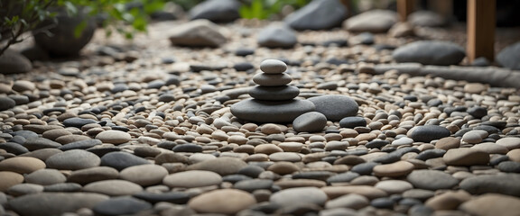 Zen Garden with Stacked Stones Creating a Balance and Harmony Scene