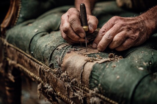 Hands of a skilled artisan delicately stitch worn fabric on a vintage piece of furniture in a rustic workshop filled with tools and materials. Sunlight illuminates the detailed work - Powered by Adobe