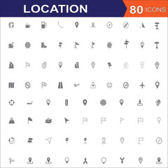Location icon set. Containing map, map pin, gps, destination, directions, distance, place, navigation and address icons. Solid icons vector collection set.