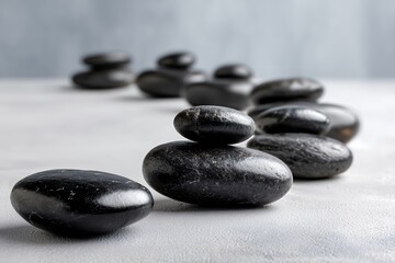 Fototapeta premium Balanced zen stones in minimalist setting on smooth surface