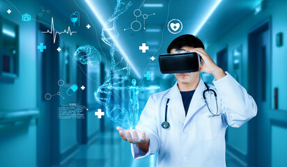 Doctor wearing VR glasses and lab coat holding at medical data while managing augmented reality technology and standing at hospital corridor with blurring background. Healthcare concept. Ingenuity.