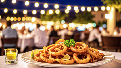 Calamari rings dish and a candle,on the table of the outdoor restaurant at night,with blurred people in the background.