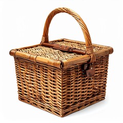 Brown Wicker Picnic Basket on White Background