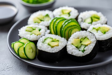 Fresh vegetarian sushi rolls with cucumber and avocado on a slate plate