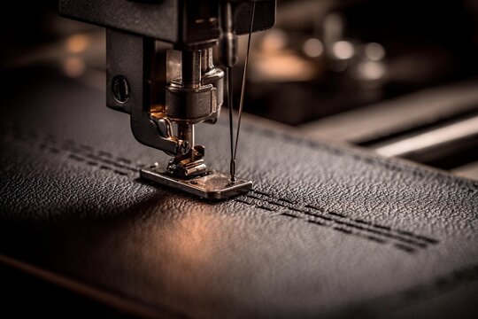 A sewing machine features prominently as it stitches leather fabric in a workshop. The focus highlights the needle and presser foot in action, showcasing craftsmanship