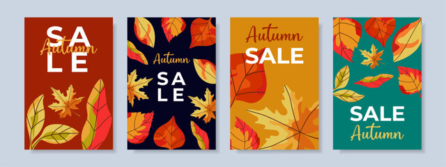 Set of autumn templates with bright autumn leaves for autumn discounts, advertising, postcards or web banner.