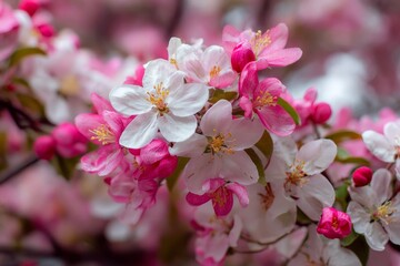 Blooming pink and white cherry blossoms on tree branches in spring  