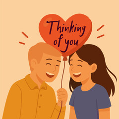 Thinking of you - card. Lovers holding a heart-shaped balloon. Vector stock illustration eps10. Adobe Illustrator Artwork