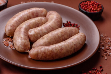 Raw meat sausages made from beef or pork, fresh meat for barbecuing or grilling. Raw sausages