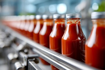 Row of tomato sauce bottles on conveyor belt in food processing factory