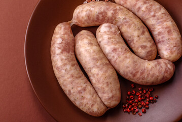 Raw meat sausages made from beef or pork, fresh meat for barbecuing or grilling. Raw sausages