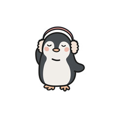 Fototapeta premium adorable penguin enjoys listening to music with earmuffs isolated on white background