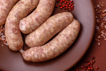 Raw meat sausages made from beef or pork, fresh meat for barbecuing or grilling. Raw sausages