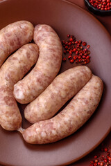 Raw meat sausages made from beef or pork, fresh meat for barbecuing or grilling. Raw sausages
