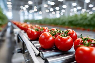 Ripe tomatoes on conveyor belt in modern agricultural facility