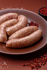 Raw meat sausages made from beef or pork, fresh meat for barbecuing or grilling. Raw sausages