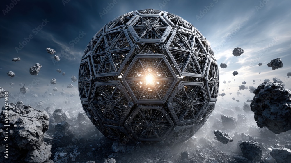 Poster a metallic sphere with a hexagonal design glows at its center, surrounded by floating rocks in a dar
