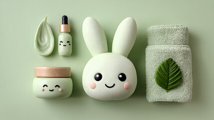 Pastel green spa-themed arrangement with kawaii cosmetic containers, towel, bunny plush, and natural elements on a matching soft green background.
