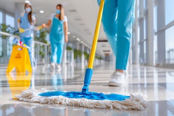 Commercial cleaning team in action with mop on glossy floor