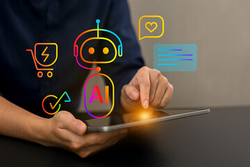 Person Using Tablet with Rainbow AI Chatbot Icons and Digital Interface for Communication, Technology, Innovation, and Business Concepts