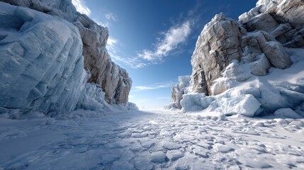 This breathtaking landscape features towering ice cliffs framing a wide expanse of frozen ground. The bright blue sky enhances the stark beauty of the icy environment in this remote area.