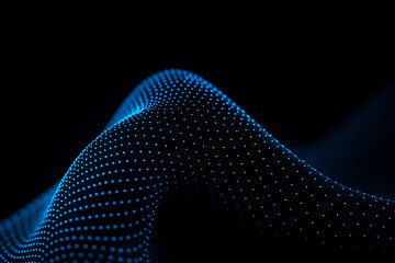 Glowing Neon Blue Dotted Wave Surface on Black Background with Depth of Field – Futuristic Abstract Technology Art Texture Image