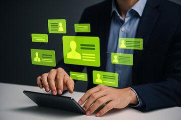 Businessman Using Tablet with Neon Green Holographic Interface for Virtual Networking and Digital Profile Management in Modern Office