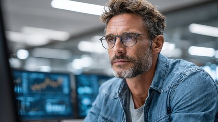 Obraz premium A man with glasses and a beard is intently studying computer screens in a contemporary office setting. Charts and figures reflect financial data on the displays.