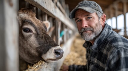 A farmer engages with a cow inside a barn at dawn, showcasing the connection between livestock and rural life on a dairy farm. The atmosphere is calm and serene.