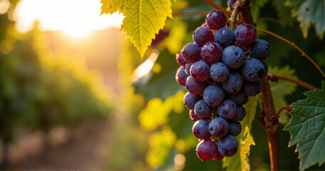 A stunning high-resolution image of ripe Nebbiolo grapes on the vine, ideal for winery ads, wine labels, and gastronomy blogs.