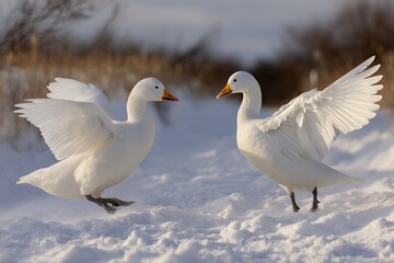 Fototapeta premium Two white ducks engaging in winter dance on snowy landscape