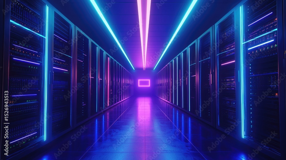 Aufkleber Futuristic data center corridor with glowing neon server racks, ideal for tech presentations, cybersecurity themes, or AI infrastructure visuals