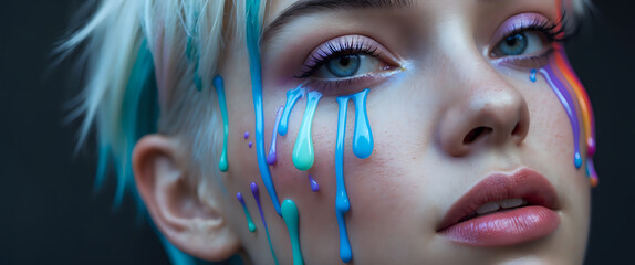Young Woman with Colorful Dripping Paint Makeup