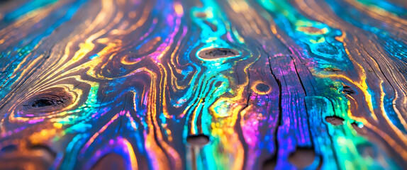Vibrant Wooden Surface with Swirling Patterns and Iridescent Highlights