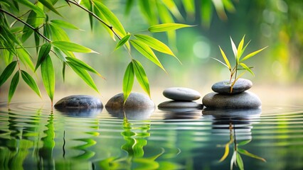 Zen spa stones and bamboo leaves symbolize nature's green wellness and relaxation