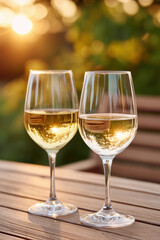 Two elegant wine glasses on a wooden table reflecting the warm glow of sunset