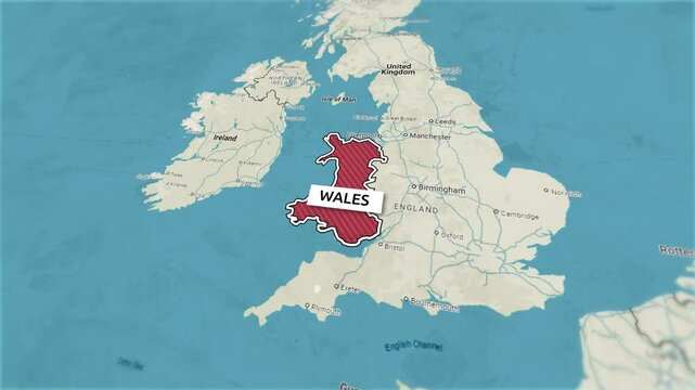 Borders of the state of Wales on the map. Country Wales on the map is highlighted by a polygonal border. Map animation. From above zooming in with panoramic view