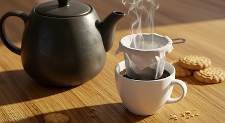 table, wood, kettle, coffee, white cup, filtered coffee, filter, drinks, cookies