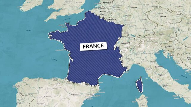 Borders of the state of France on the map. Country France on the map is highlighted by a polygonal border. Map animation. From above zooming in with panoramic view