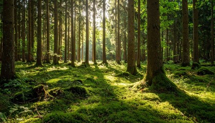 Obraz premium Enchanting Lush Green Forest with Sun Rays