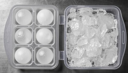 Plastic container with ice spheres and crushed ice on metallic surface

