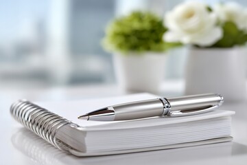 Silver pen on open notebook with blurred green plant and white flowers in background