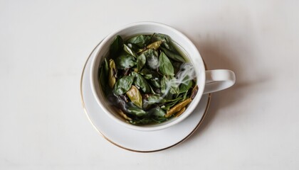 Steaming cup of herbal tea with fresh leaves on white table with soothing atmosphere