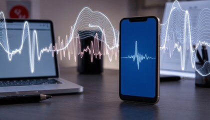 Smartphone displaying sound wave graphic next to laptop on modern workspace desk
